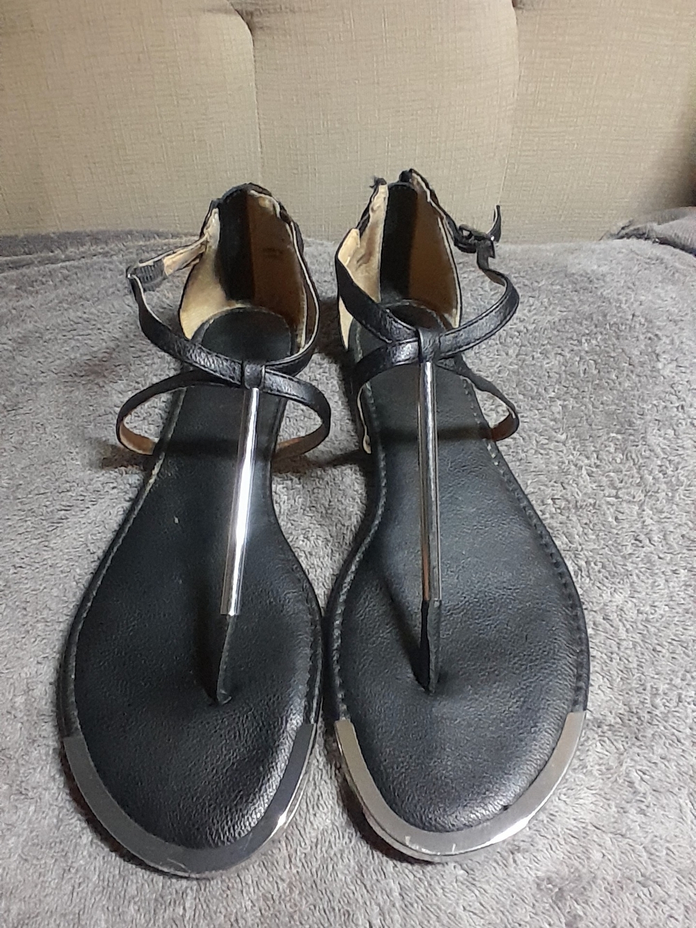 La Belle Black T-Strap Sandals with Silver Accents